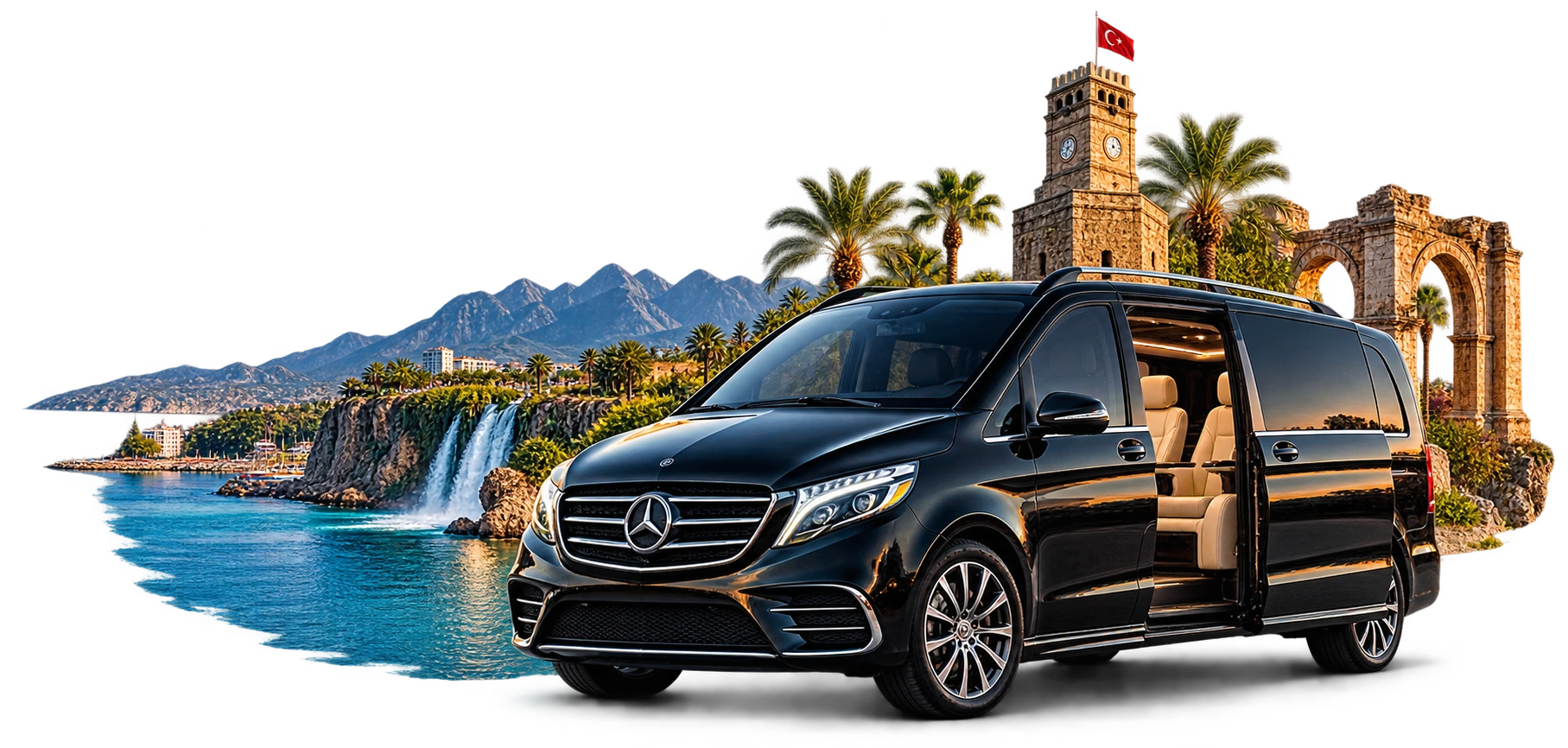 ASL VIP luxury transfer van beside Antalya’s coastline and landmarks
